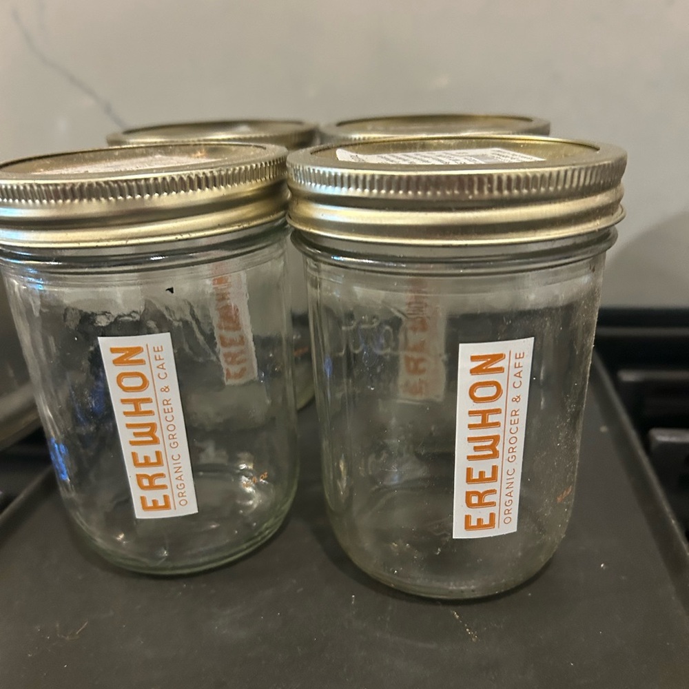 4 VINTAGE! EREWHON Glass 8oz Jar Branded Lux Mason Jar Reusable Recycled